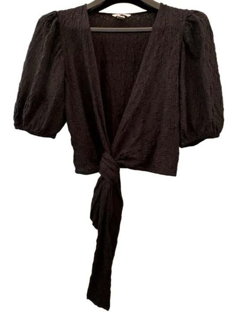 H&M Textured Cotton V-neck Puff Sleeve Tie-Front Top